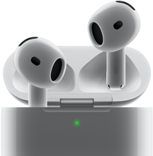 AirPods 4 på väg upp ur laddningsetuiet, där en indikator lyser grönt