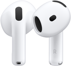 Vänster AirPods-snäcka sedd bakifrån bredvid höger AirPods-snäcka sedd framifrån med bokstaven R på skaftet som visar att snäckan ska vara i höger öra