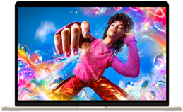 En färgglad bild på skärmen på en MacBook Air visar Liquid Retina-skärmens färgomfång och upplösning