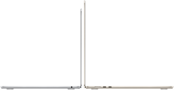 Öppna 13- och 15-tums MacBook Air-modeller placerade rygg mot rygg