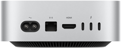 Mac mini i silver sedd bakifrån med portarna på baksidan: en HDMI-port, en Ethernet- och tre Thunderbolt-portar samt en strömkontakt