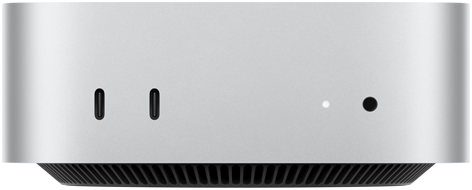 En Mac mini i silver sedd framifrån med portarna på framsidan: två usb-c-portar och ett 3,5 mm-hörlursuttag