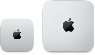 En Mac mini 2024 i silver med Apples logotyp sedd ovanifrån bredvid en Mac mini 2023 i silver med Apples logotyp, för att visa på skillnaden i storlek