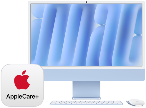 Märke för AppleCare+, med iMac vänd framåt och tillbehören Magic Keyboard och Magic Mouse i samma färg