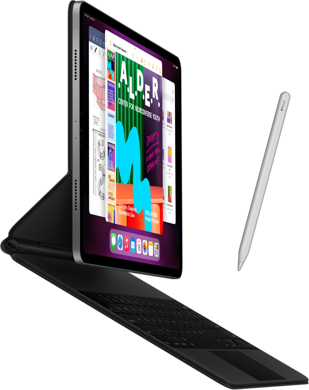 iPad Pro sedd från sidan med Smart Keyboard Folio och Apple Pencil