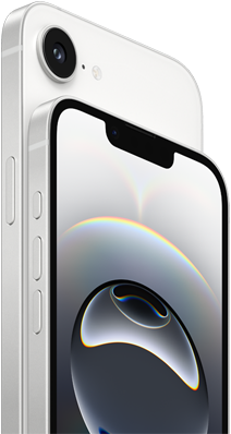 iPhone 16e i vit finish, från sidan, snabbknapp, volymknappar och Fusion-kamera på baksidan